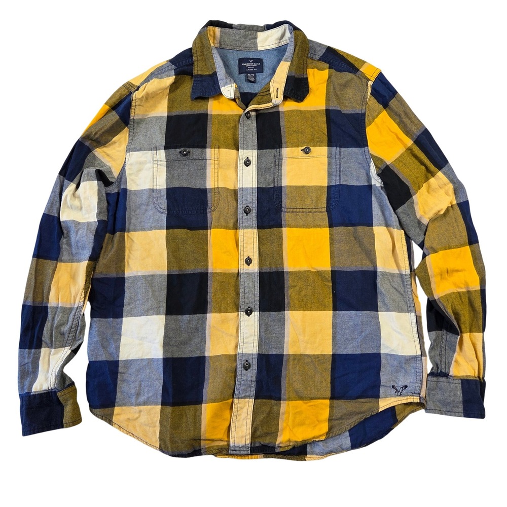 American Eagle Mens XL Classic Fit Flannel Shirt Yellow Navy‎ Blue Plaid Cotton